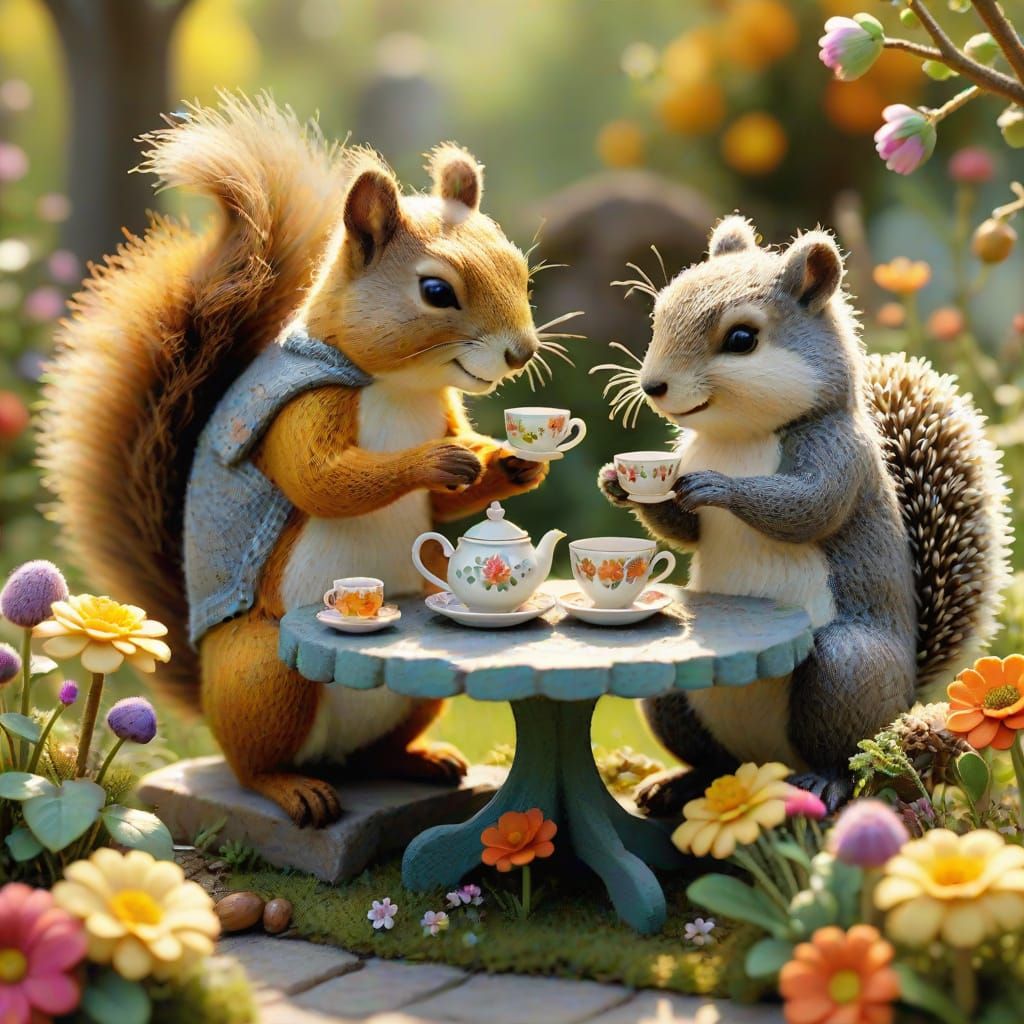 Felted Friends Share Tea in Whimsical Garden