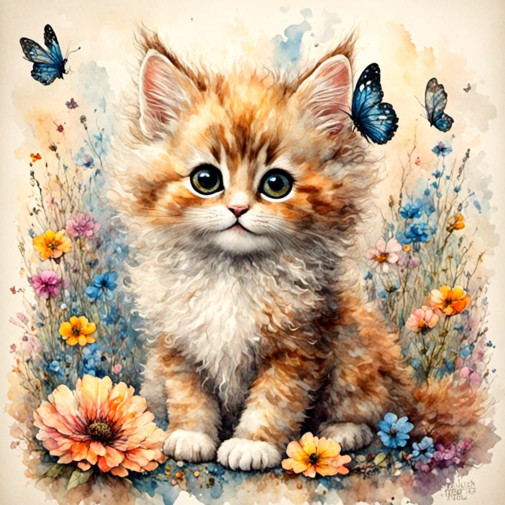 Chibi Kitten with Butterfly in Antique Watercolor Style