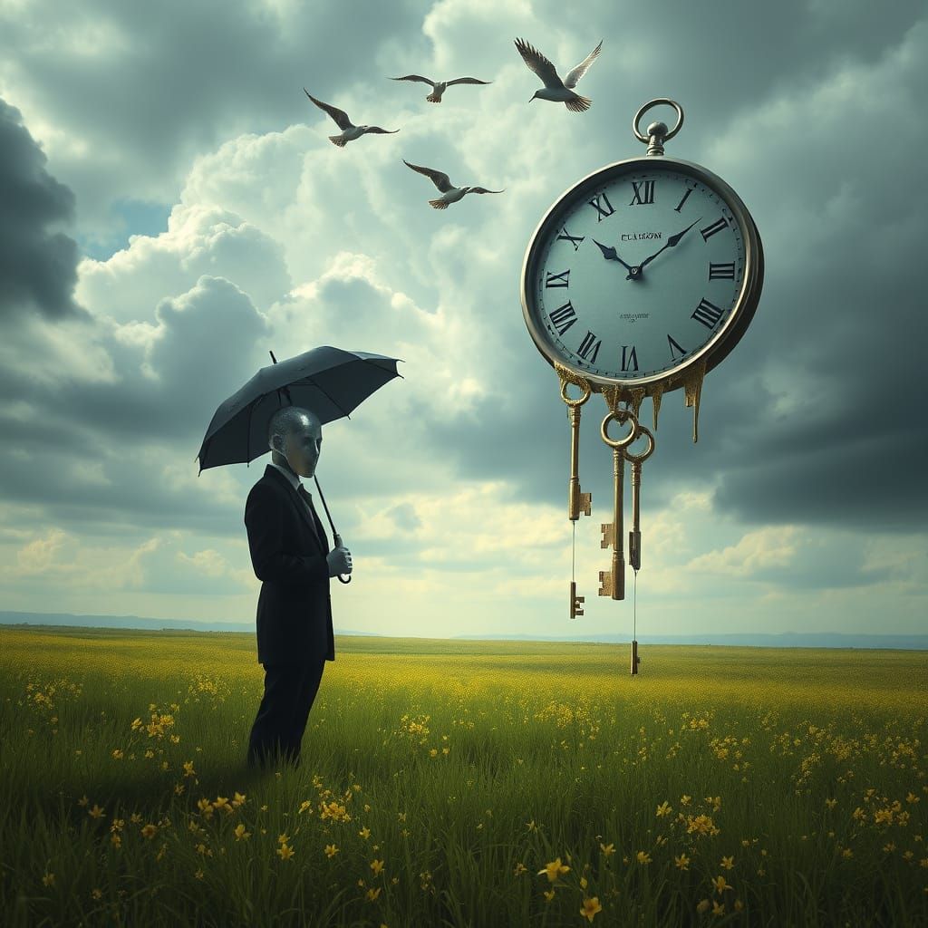 Mysterious Figure in Dreamlike Meadow with Mirror Face