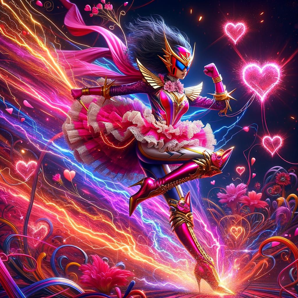 Superheroine in 80s Disco Style with Heart Fireworks