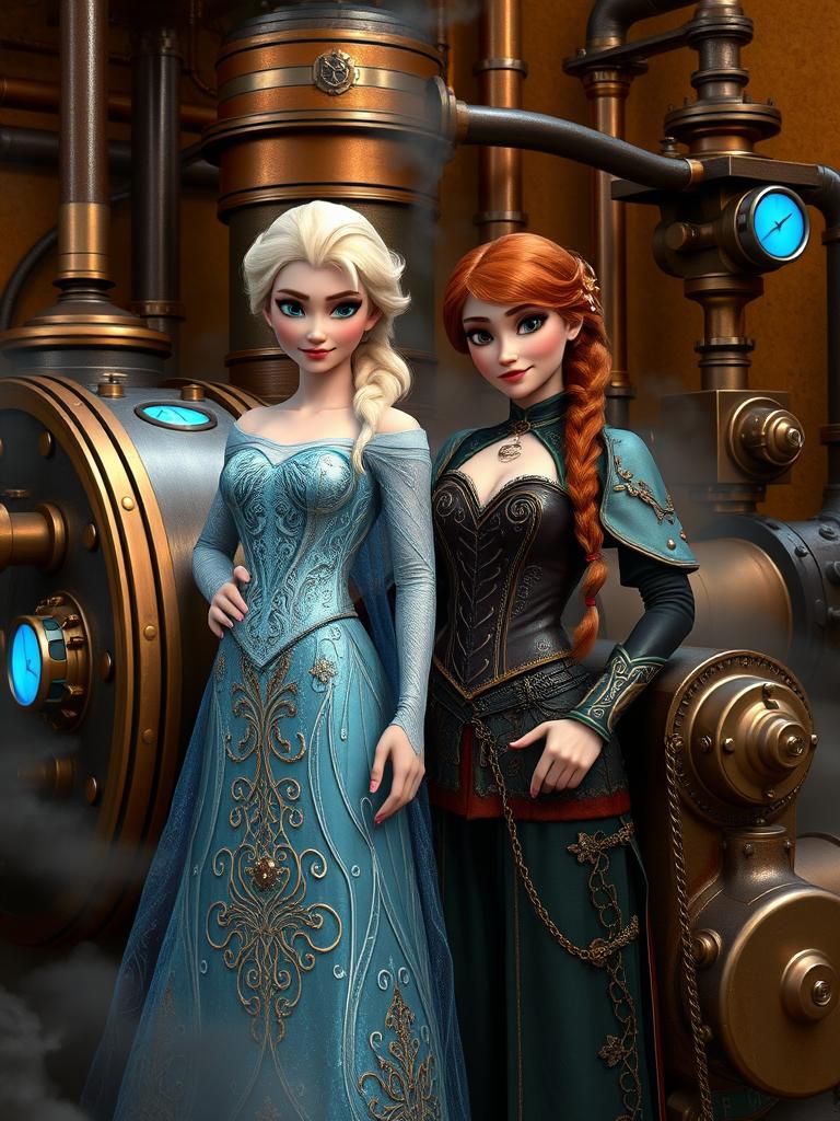 Steampunk Elsa and Anna with Steam Engine