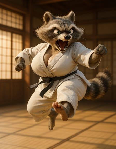 Anthropomorphic Raccoon Karate Master in 3D Octane Render