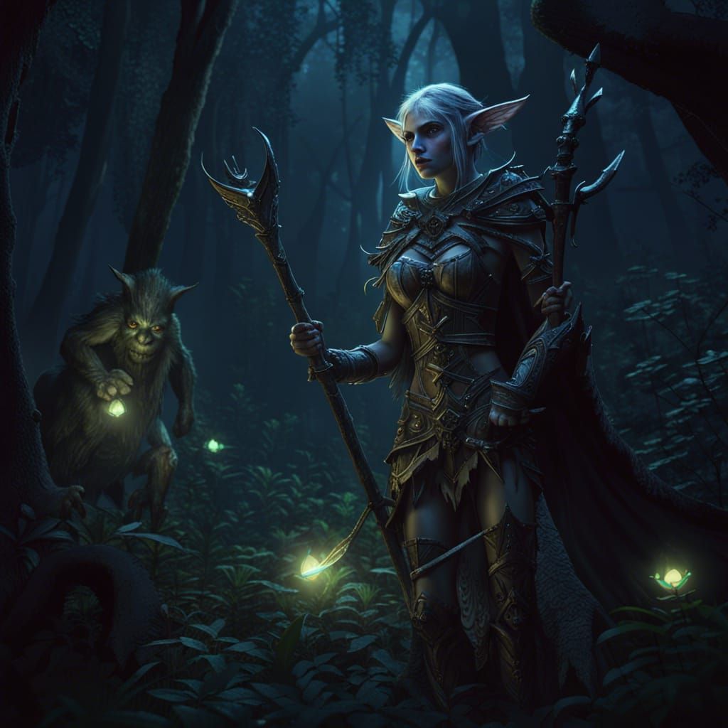 Wood Elf Hunt in Dark Fantasy Forest