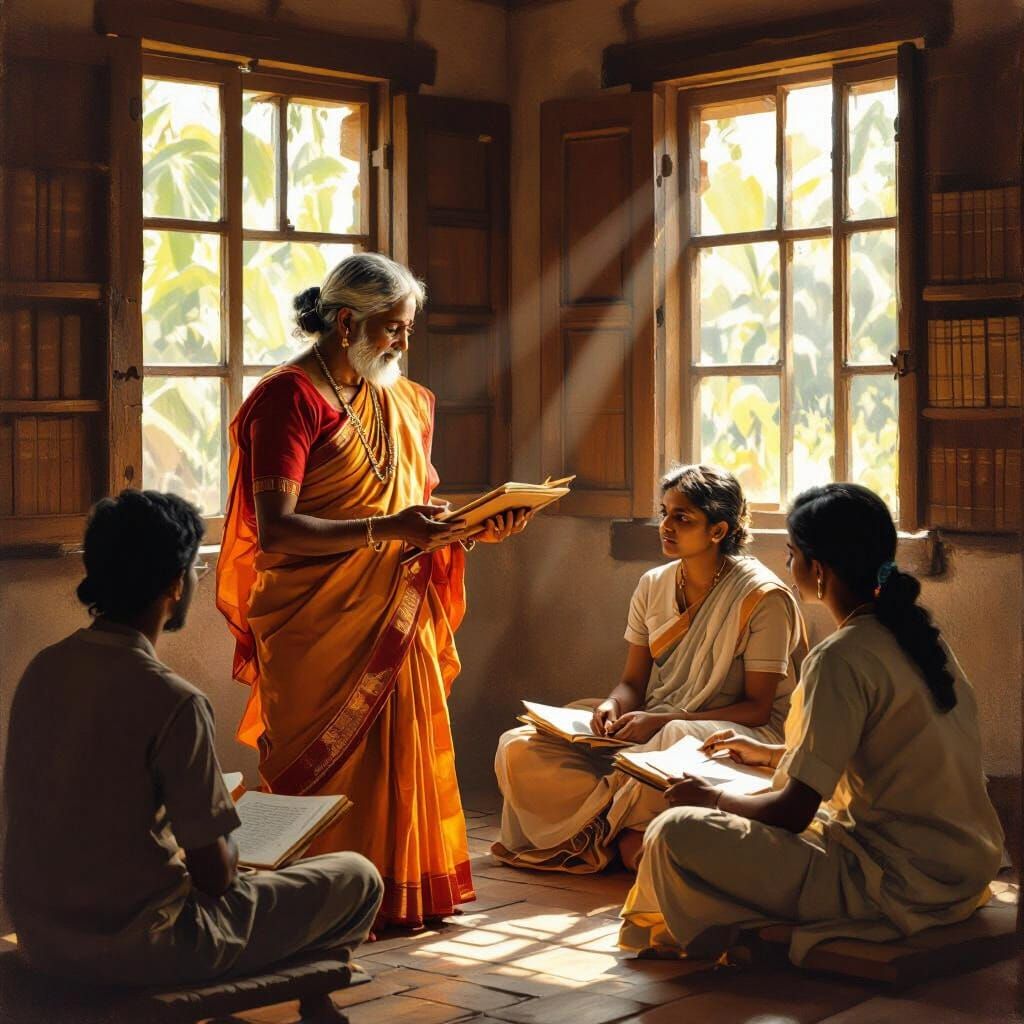 Tamil Teacher Explaining Thirukkural in Raja Ravi Varma Styl...