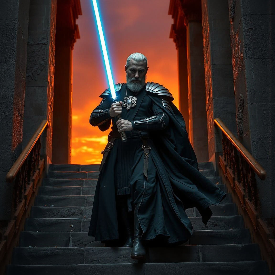 Heroic Jedi Master with Lightsaber on Ancient Temple