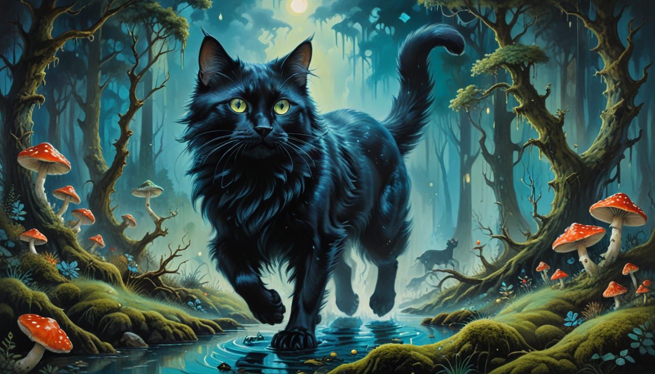 Mythical Black Cat Spirit in Blue Moonlight Forest