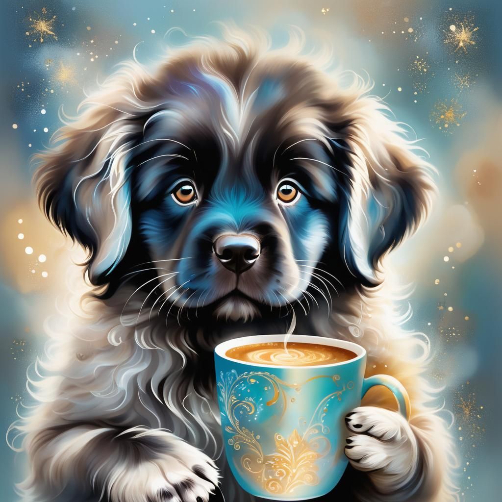 Newfoundland Puppy with Coffee