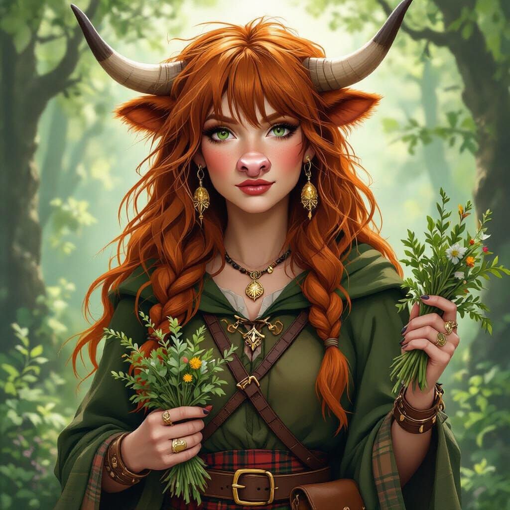 Highland Cow Firbolg Druid with Herbs in Forest