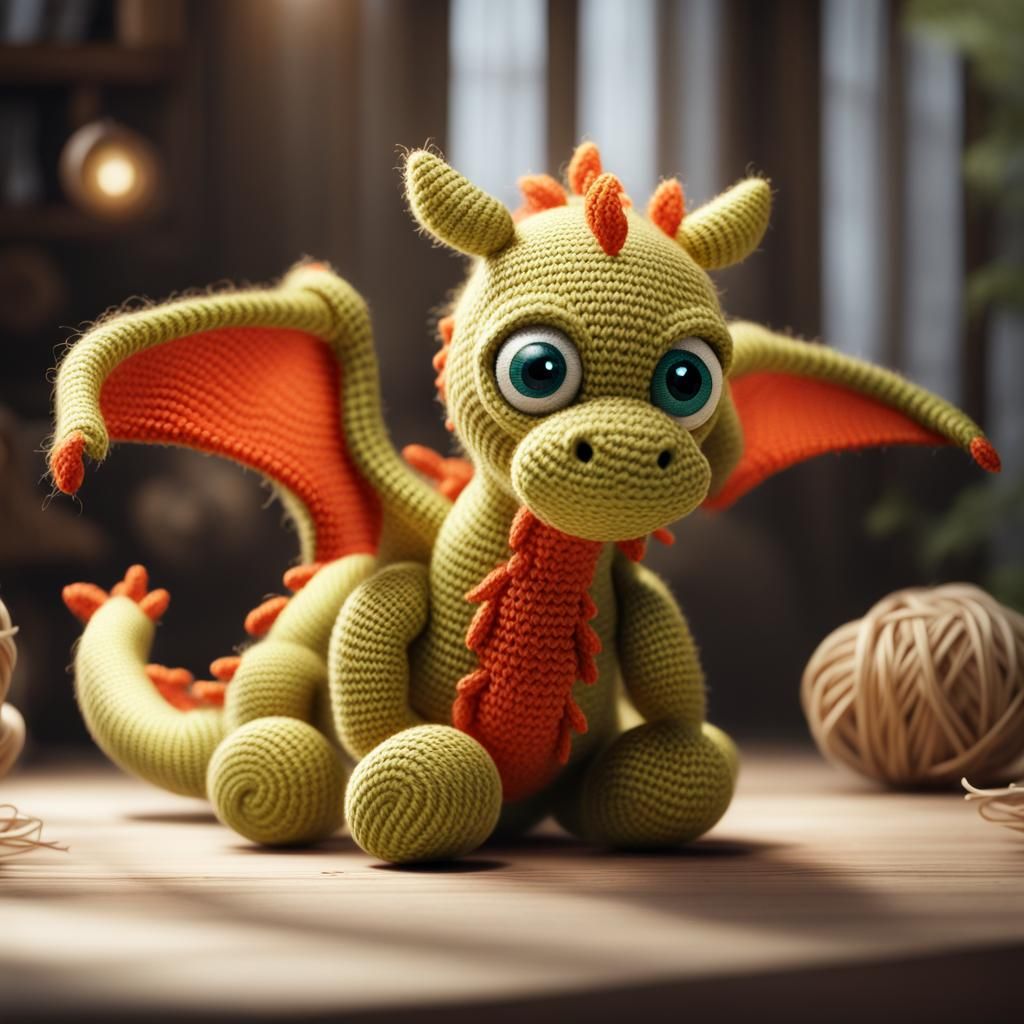 Adorable Crocheted Yarn Dragon Flying: Photorealistic CGI