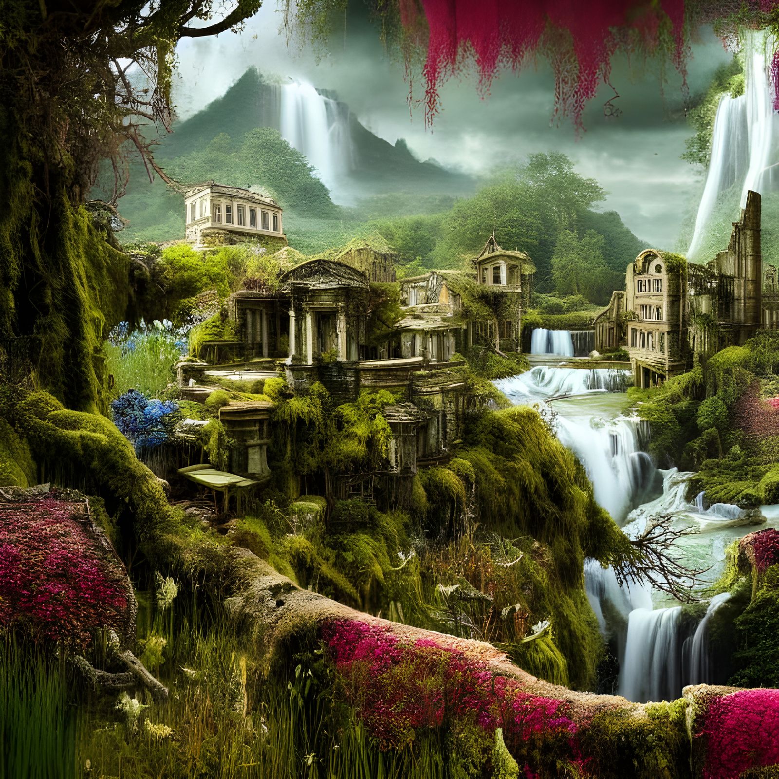 Moss and Wildflower Covered Ruins by Waterfalls