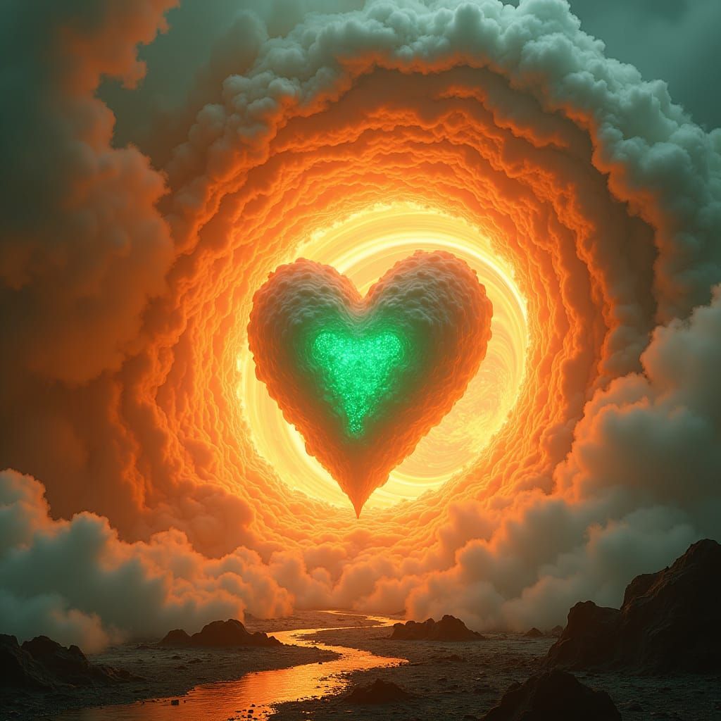 Fiery Vortex Illuminates a Glowing Green Heart