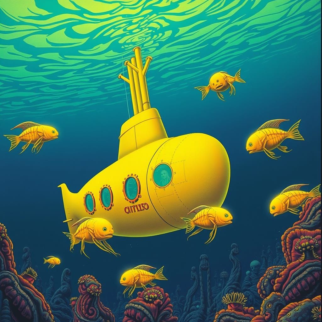 Bioluminescent Submarine in Surreal Underwater Landscape