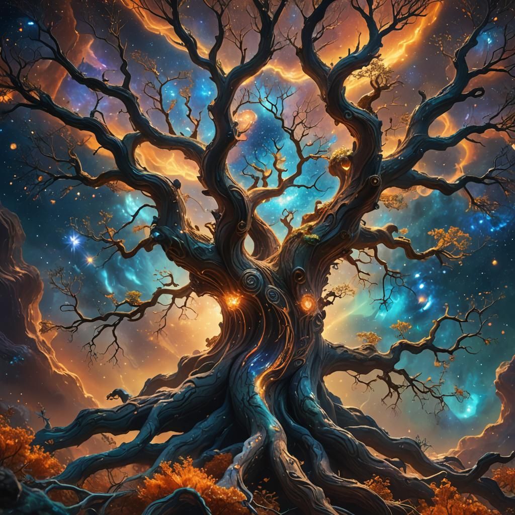 Mystical Tree Floating in Iridescent Nebula