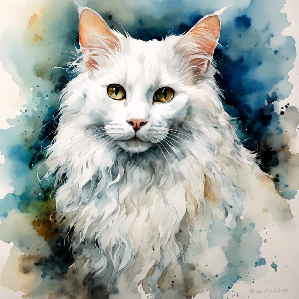 Watercolor Portrait of Turkish Angora Cat