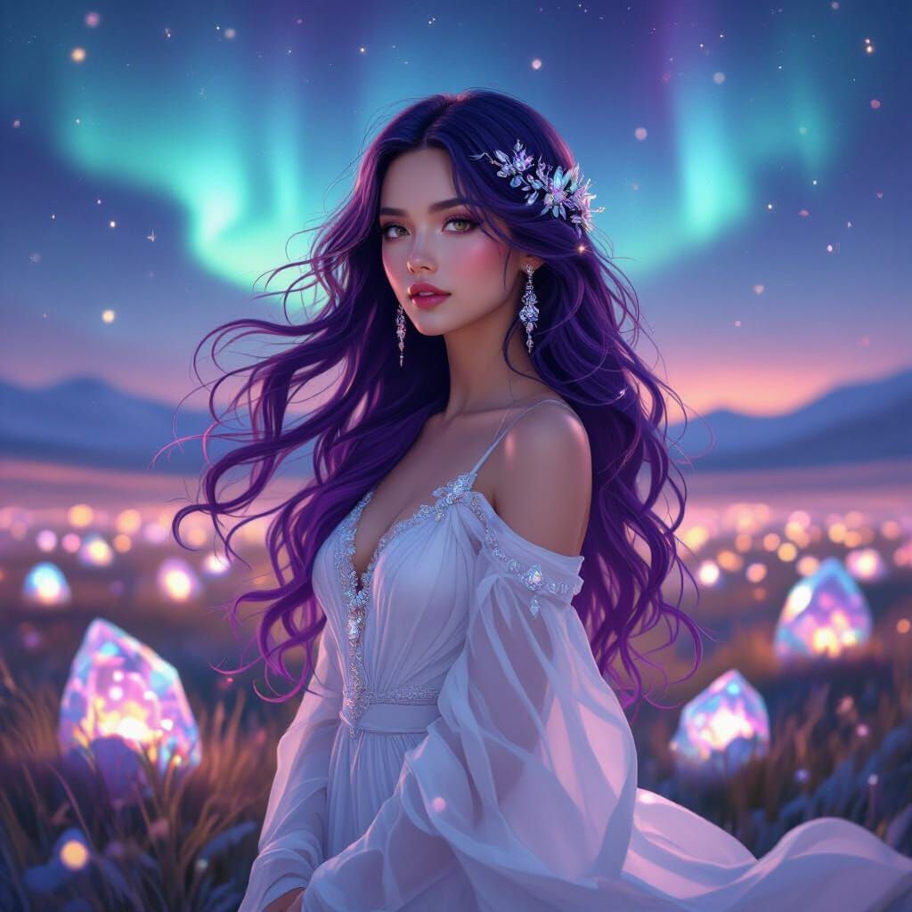 Amethyst Haired Woman in Geode Field Under Aurora