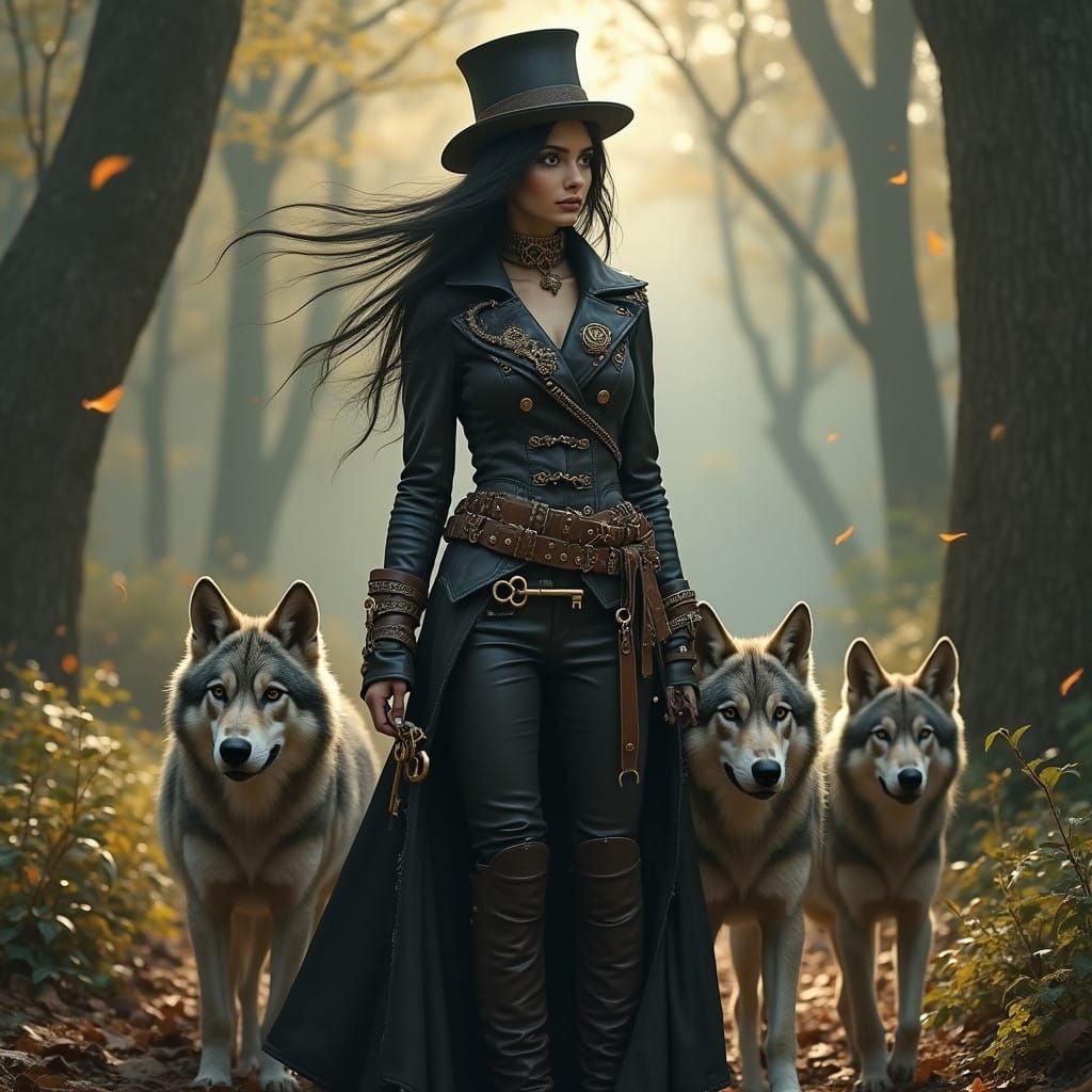 Steampunk woman wearing a top hat in a fairy forest long black windswept hair dress leather jacket with brass embellishm...