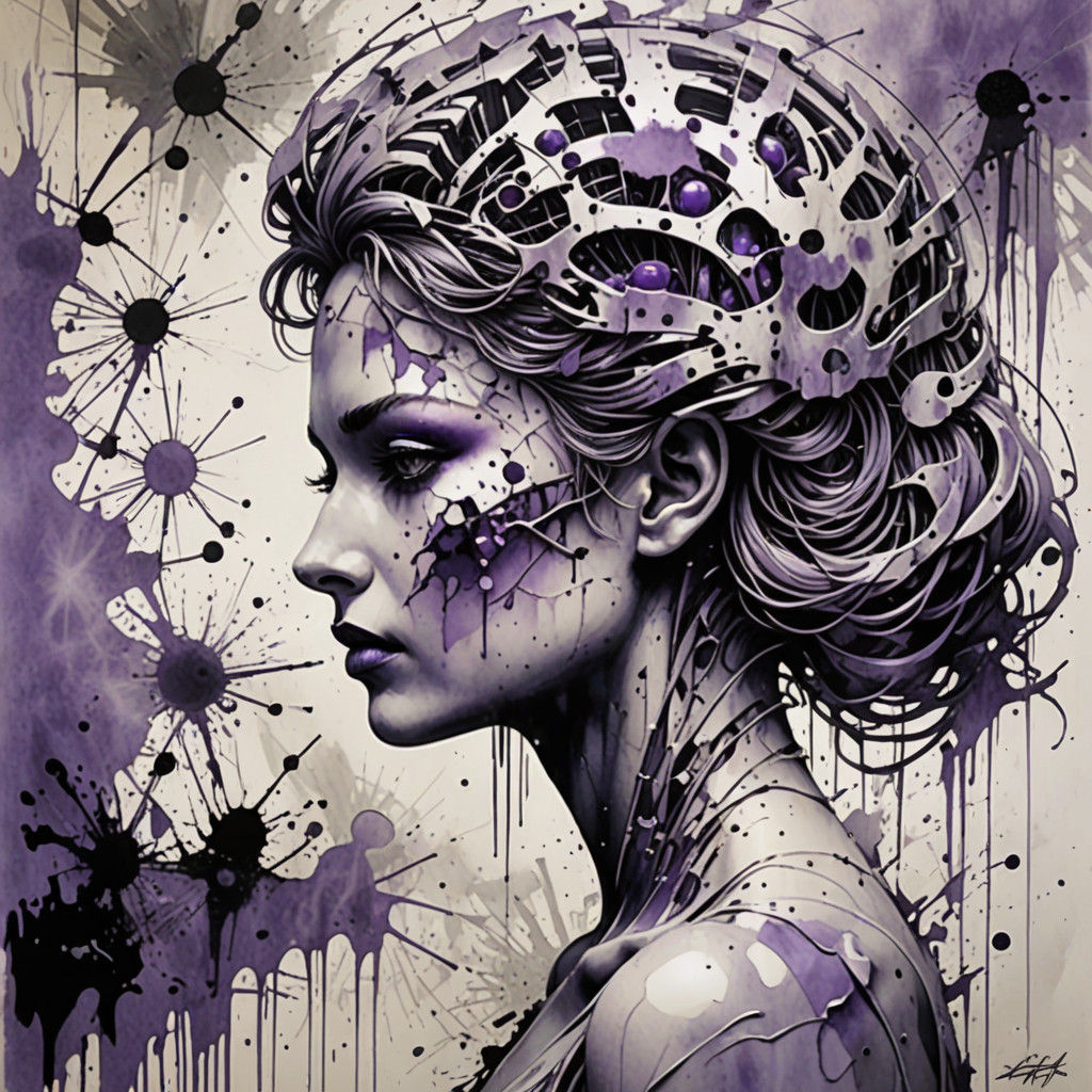 Cyberpunk Brain Scan in Lavender and Ink Wash