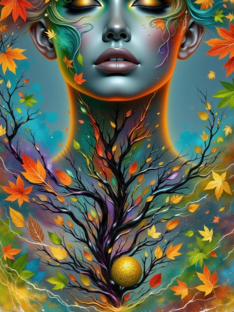 Ethereal Autumn Goddess in Surrealist Swirling Leaves