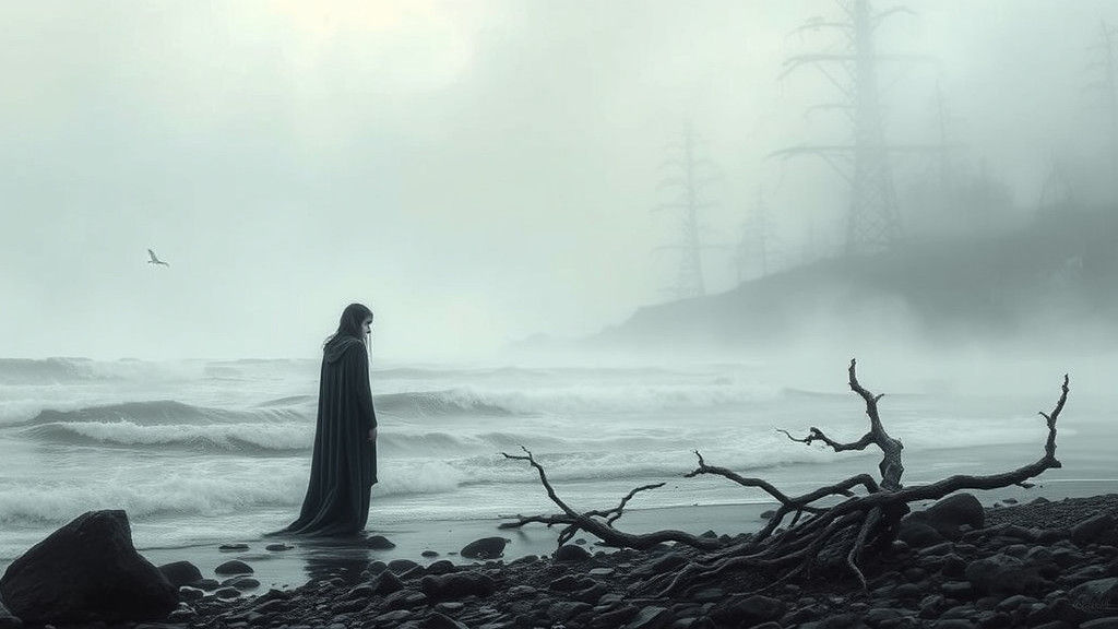 Mystical Figure on Misty Shoreline