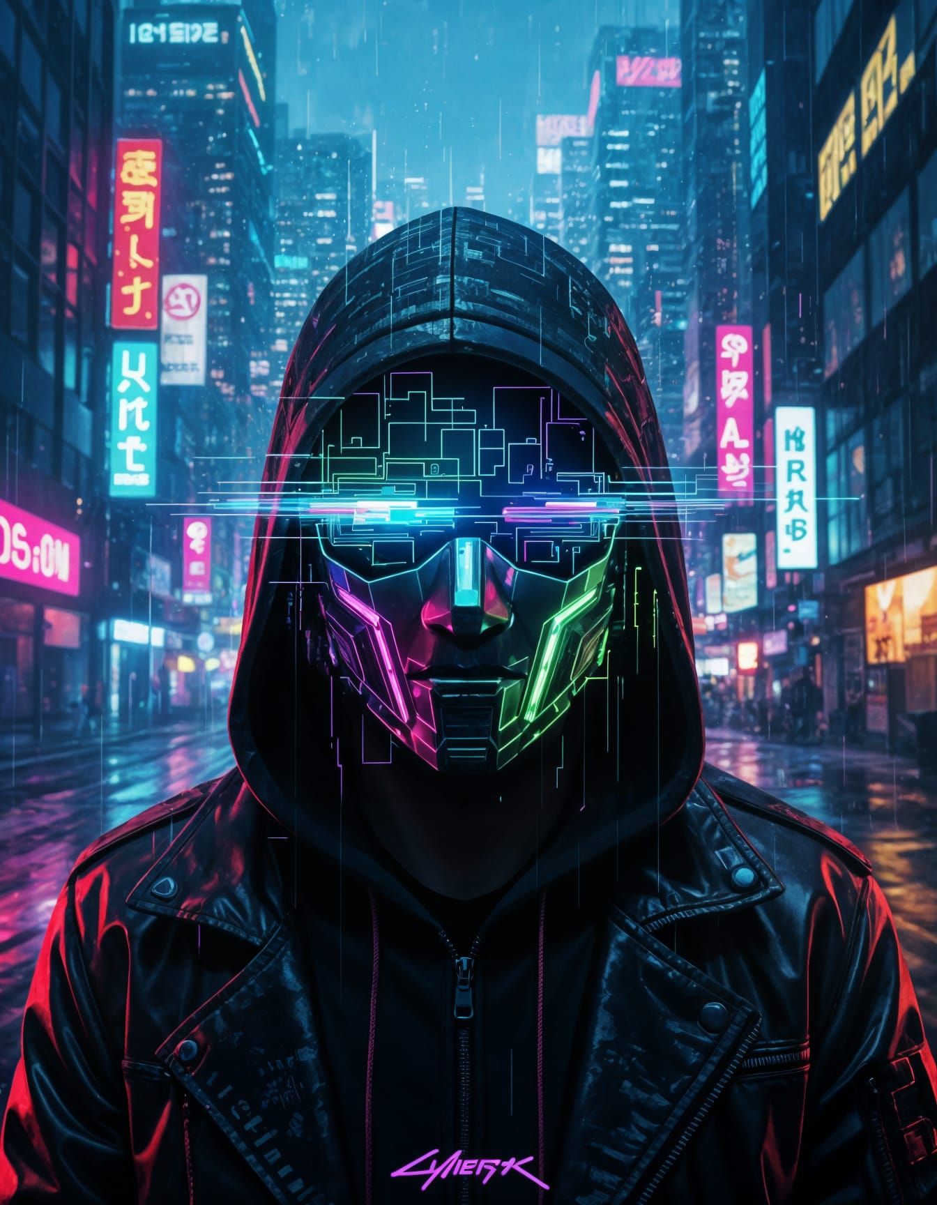 Cyberpunk Hacker with Glitch Mask in Neon Cityscape