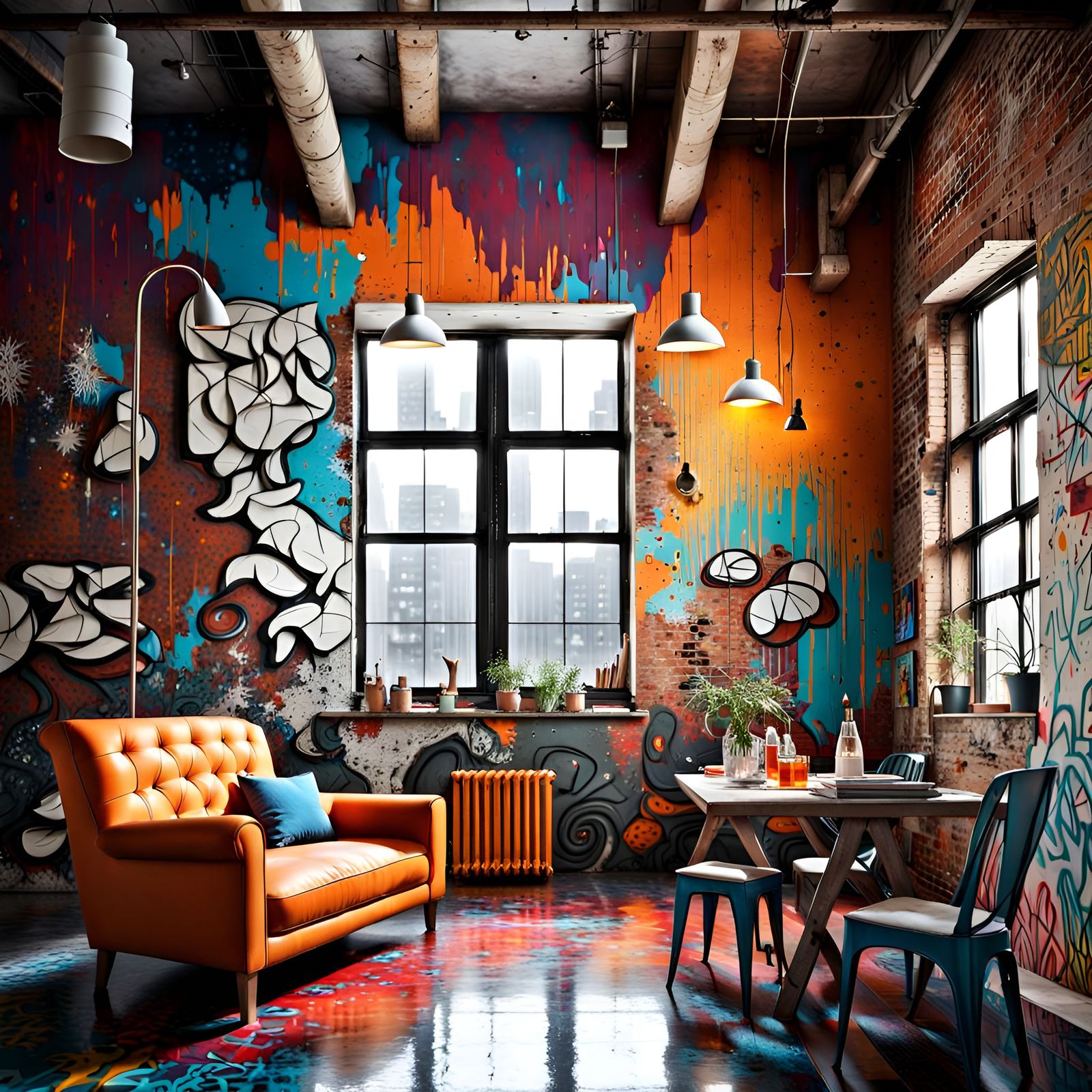nice cozy rustic chic loft in NY with snow falling out the window graffiti art, splash art, street art, spray paint, oil...