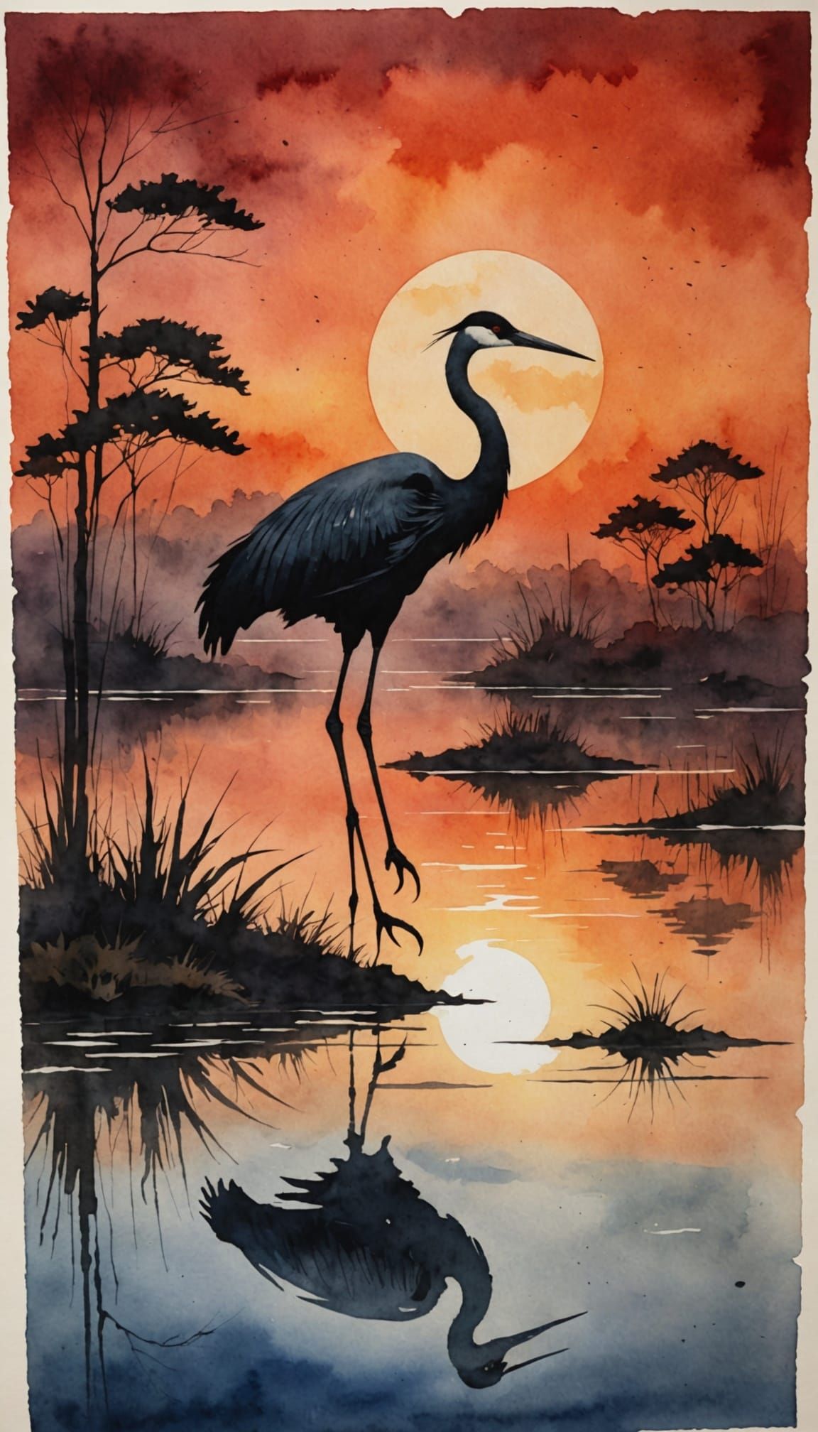 Ethereal Sunset Crane in Watercolor