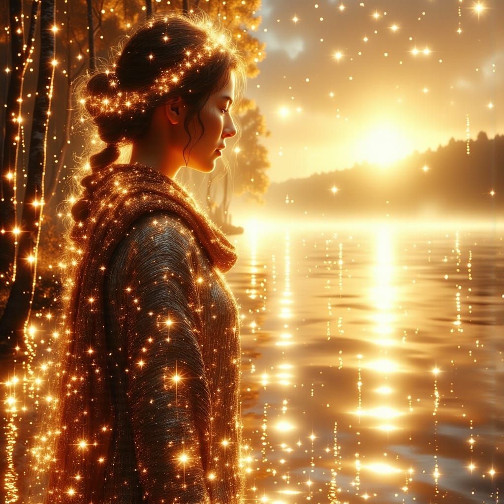 Surreal Woman Stands at Ocean's Edge in Festive Twilight