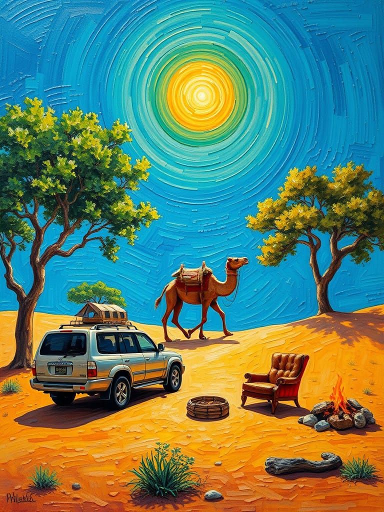 Vibrant Desert Oasis with Neo-Impressionist Flair