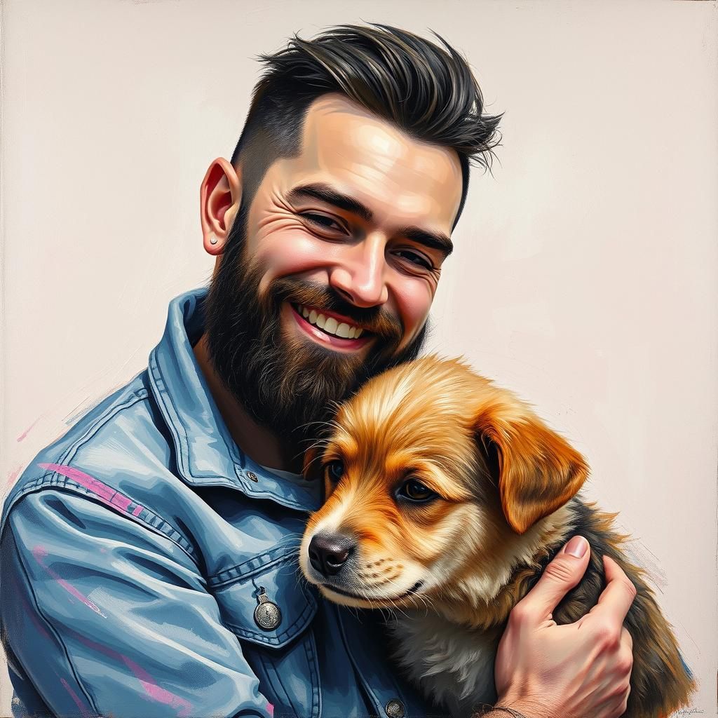 Bearded Man and Puppy Portrait as Oil Painting