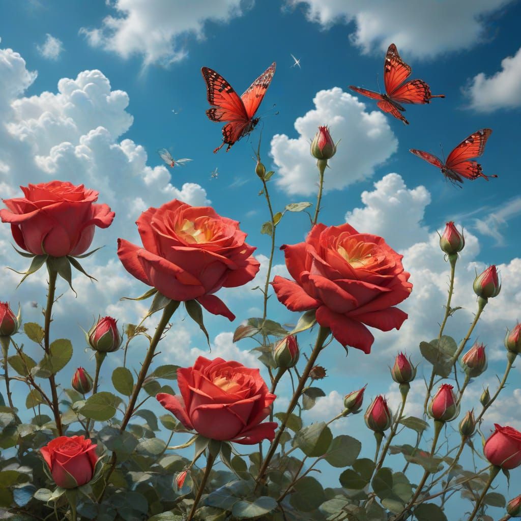 Vibrant Roses Shine Against a Brilliant Cerulean Sky in Whim...