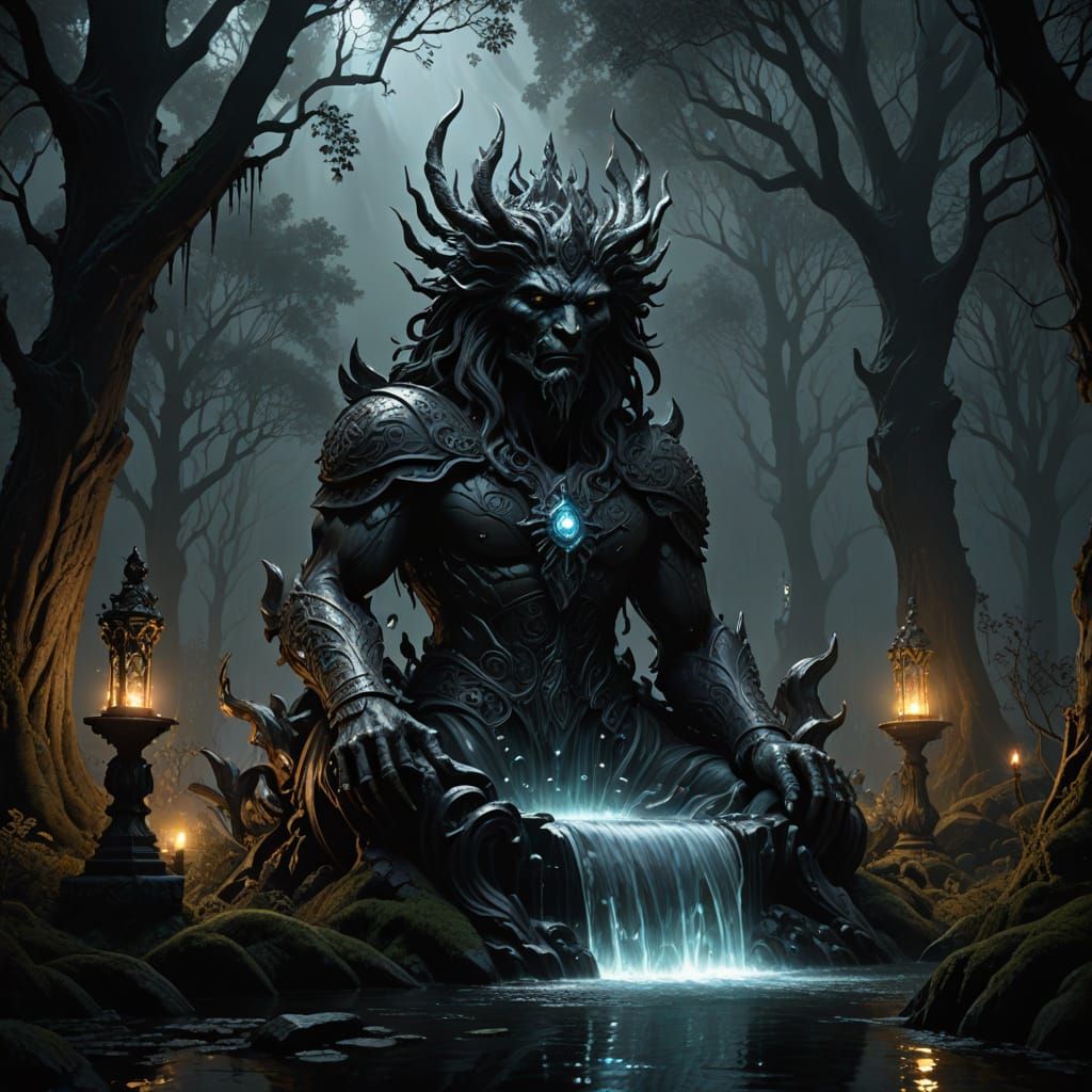 Obsidian Fountain in Dark Fantasy Forest