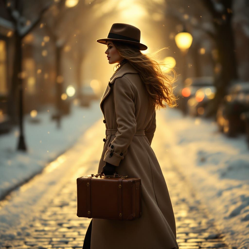 Woman in Winter Wonderland with Vintage Suitcase