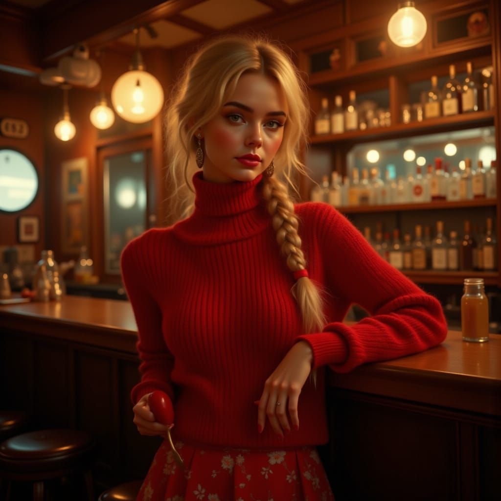 Stunning Woman in Vintage Bar, Whimsical Style