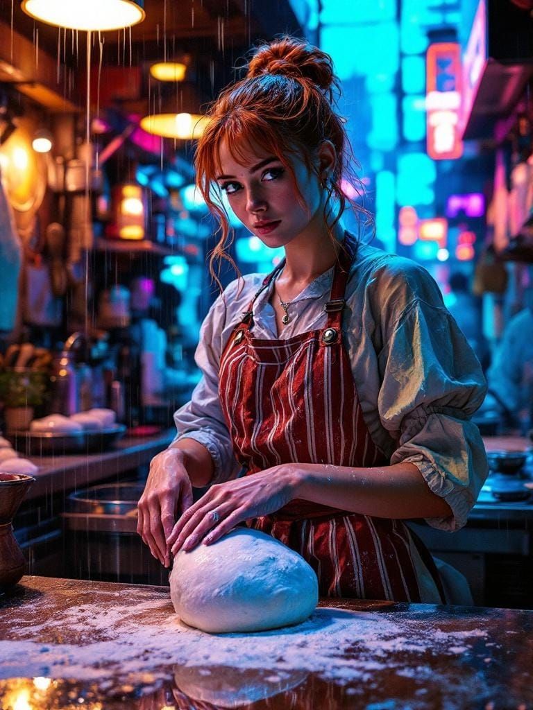 Redhead Baker in Neon Noir Kitchen