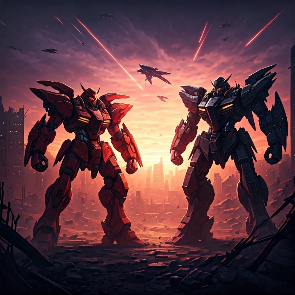 Mecha Confrontation in Futuristic Ruin, as Digital Art
