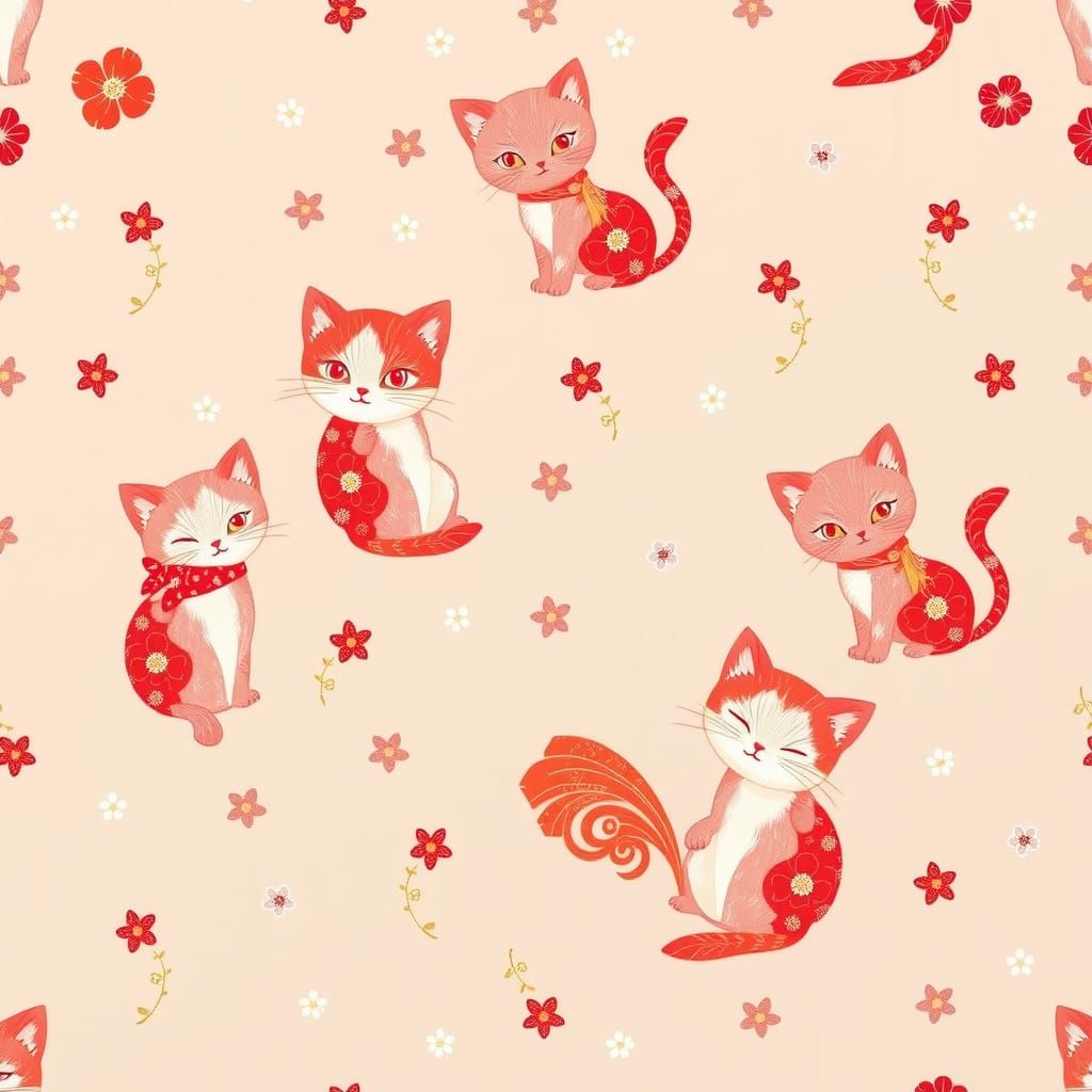 Kawaii Kitten Floral Pattern in Red and Pink