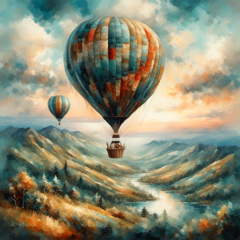 Hot Air Balloon Over Mountain Landscape Painting