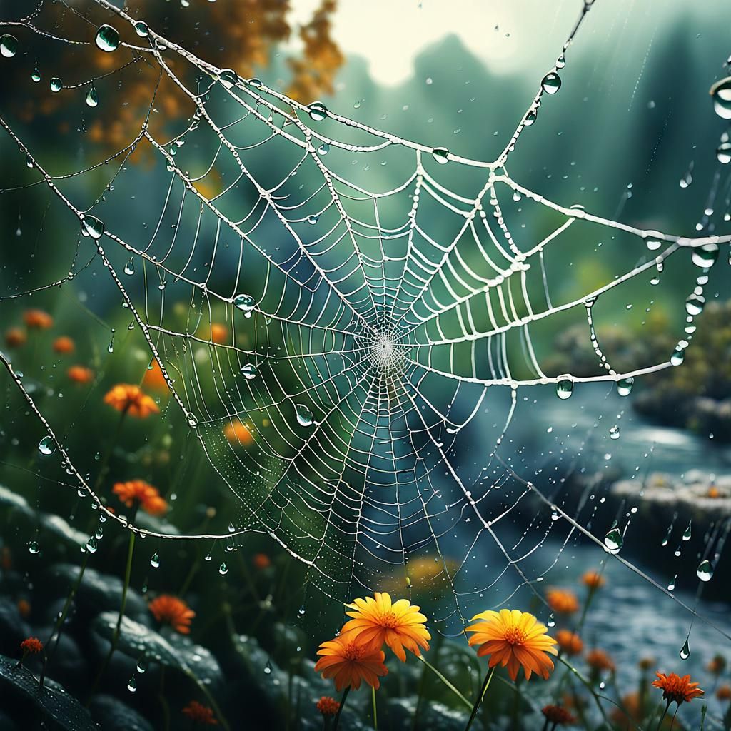 Intricate Spiderweb in Lush Summer Landscape