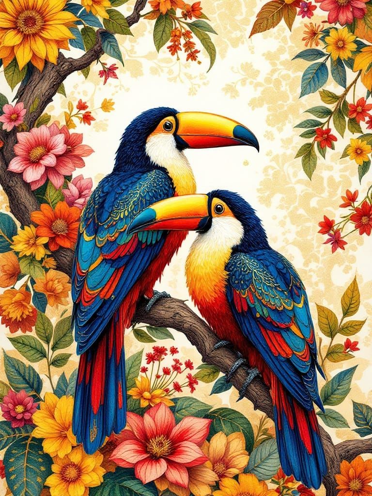 Vibrant Floral Abstraction with Toucans