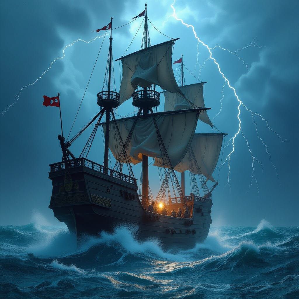 Galleon Braving Storm in Dark Fantasy Style