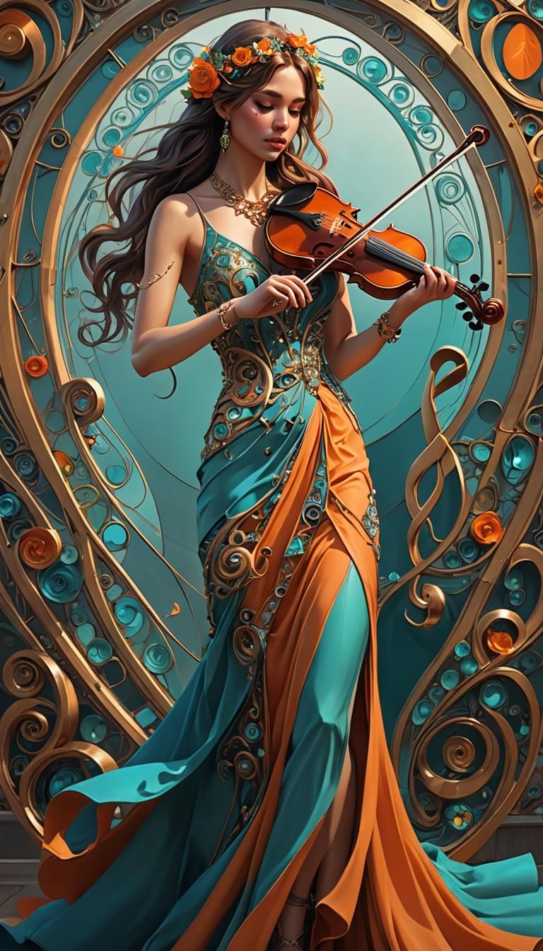 Woman with Musical Violin, Hyperdetailed Concept Art