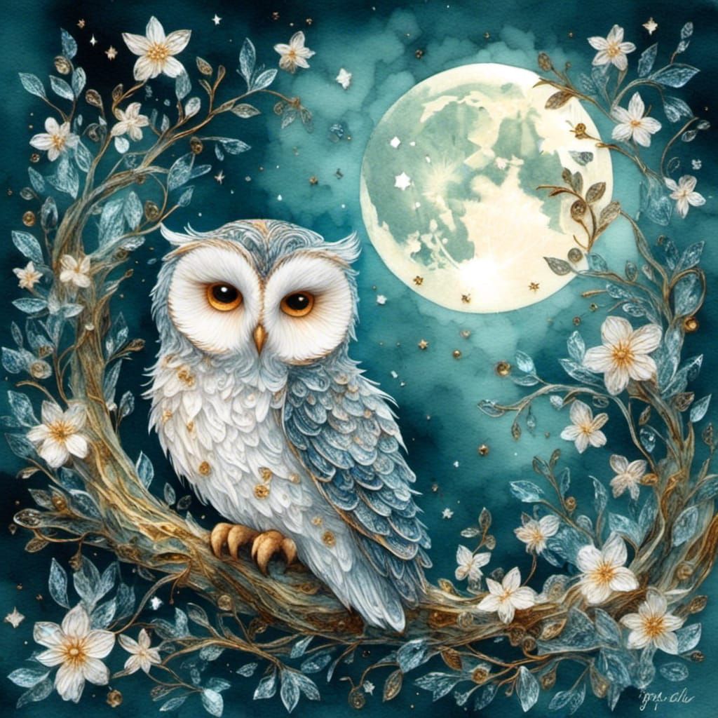 Floral Owl Perched Under a Moonlit Sky