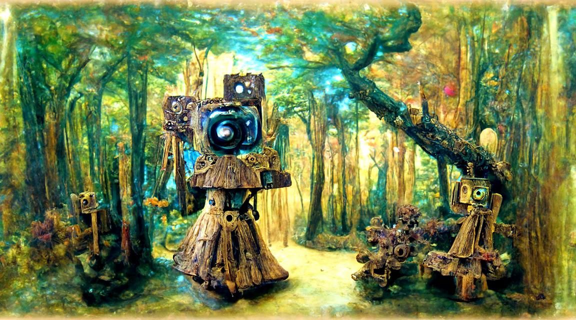 Wooden Camera Robot in Faerie Forest, Pencil Drawing