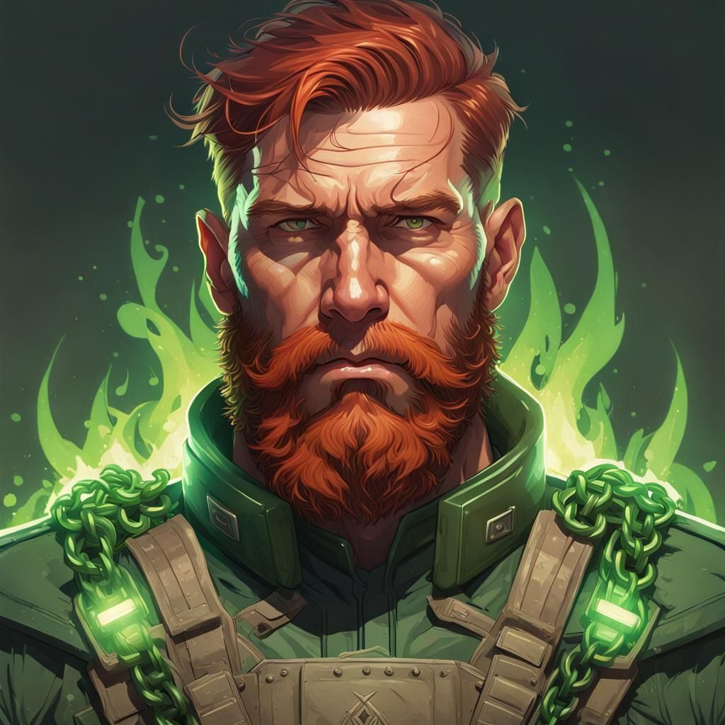 Military Man Bound in Green Flames
