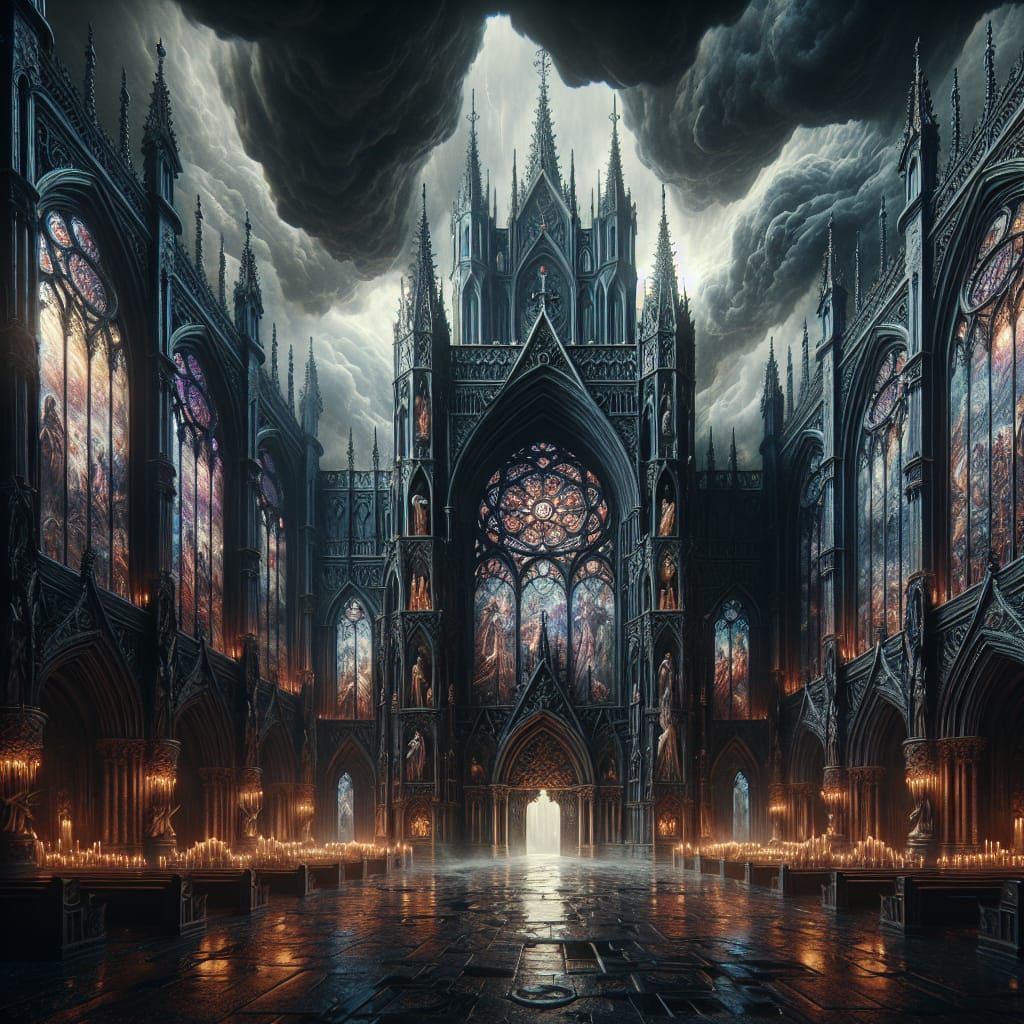 Gothic Cathedral Against Stormy Sky, Detailed Matte Painting