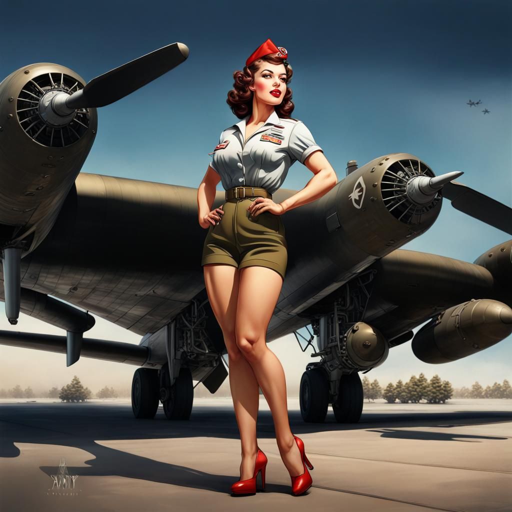 WWII Pin-Up Girl with B-52 Bomber in Hyperrealism
