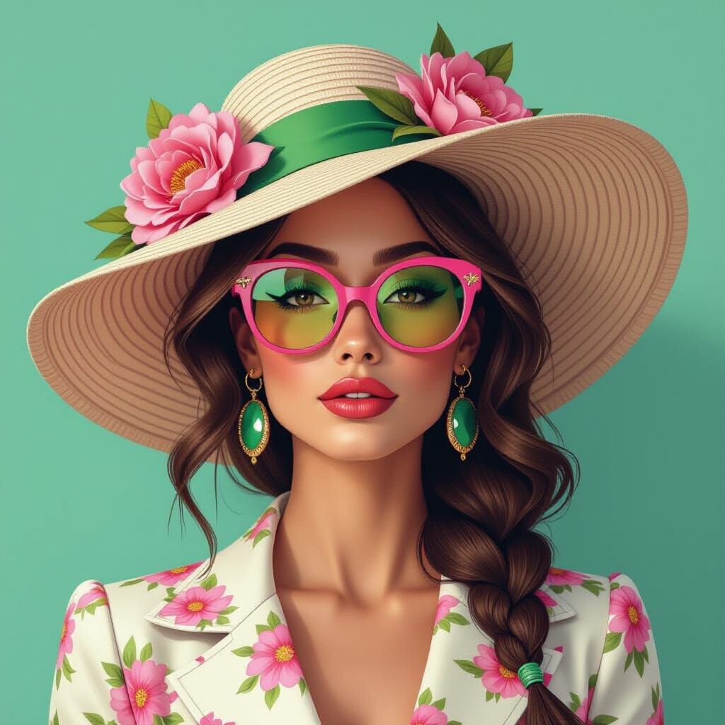 Woman in Floppy Hat with Pink & Green Accents