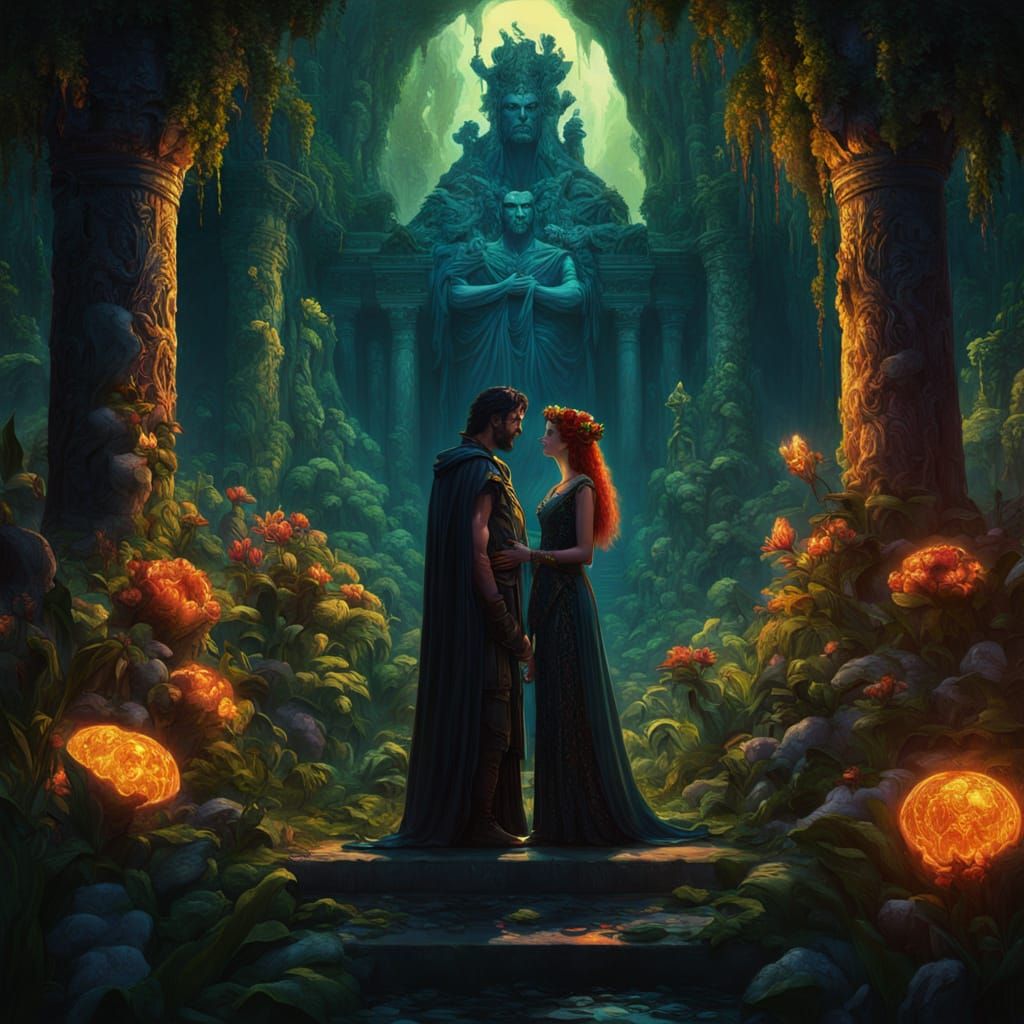 Hades and Persephone Embrace: Epic Digital Matte Painting
