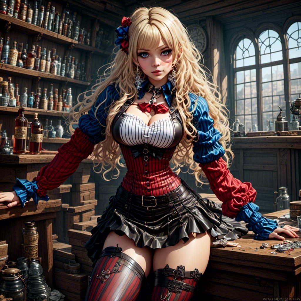 Steampunk Woman with Striped Tights and Blonde Hair