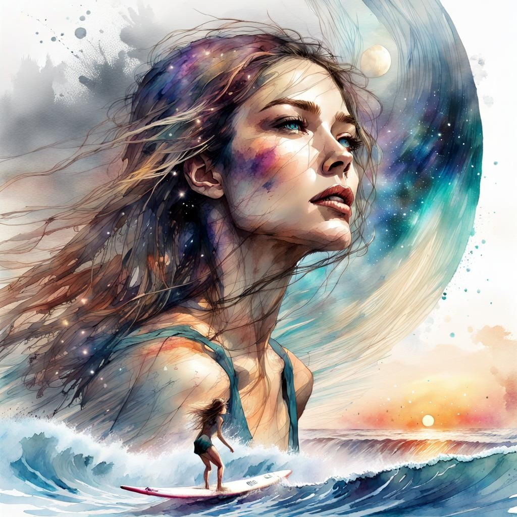 Watercolor Woman Surfing Epic Waves at Night